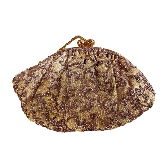 Walborg 1950's Vintage Gold Beaded Purse Evening Bag, Rhinestone Kiss Closure - Picture 3 of 9